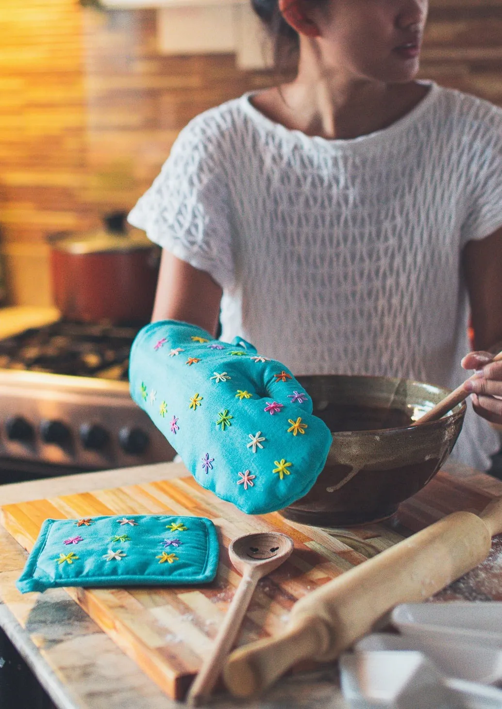 Susan Oven Mitt & Potholder Set - Blue Linen