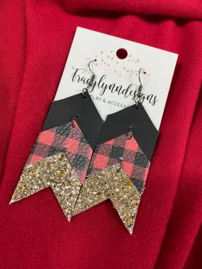 {SVEN} Red   Black Plaid, Black and Gold Glitter Chevron Arrows Earrings