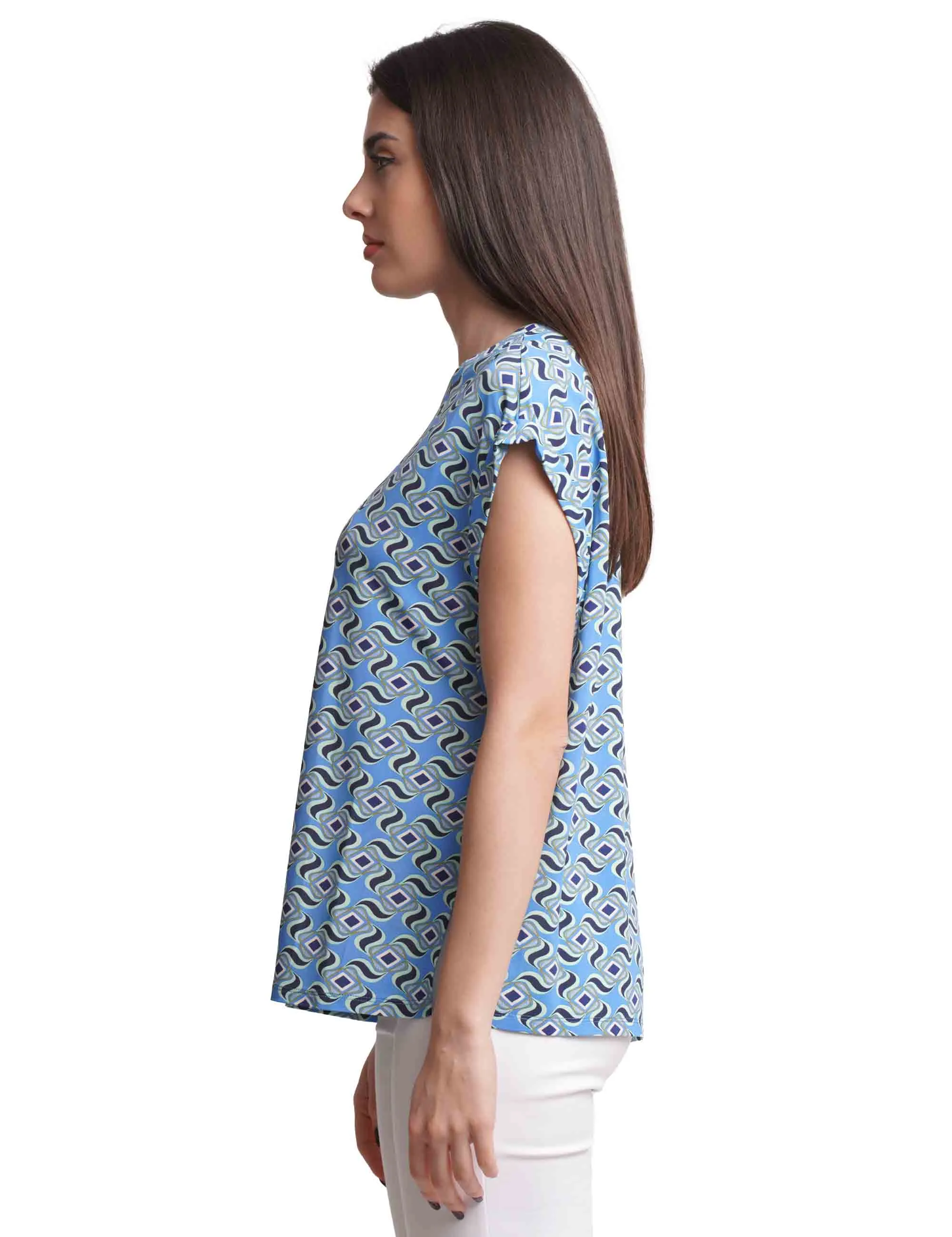 T-shirt donna Swirl Print in jersey azzurro a fantasia con manica ad aletta