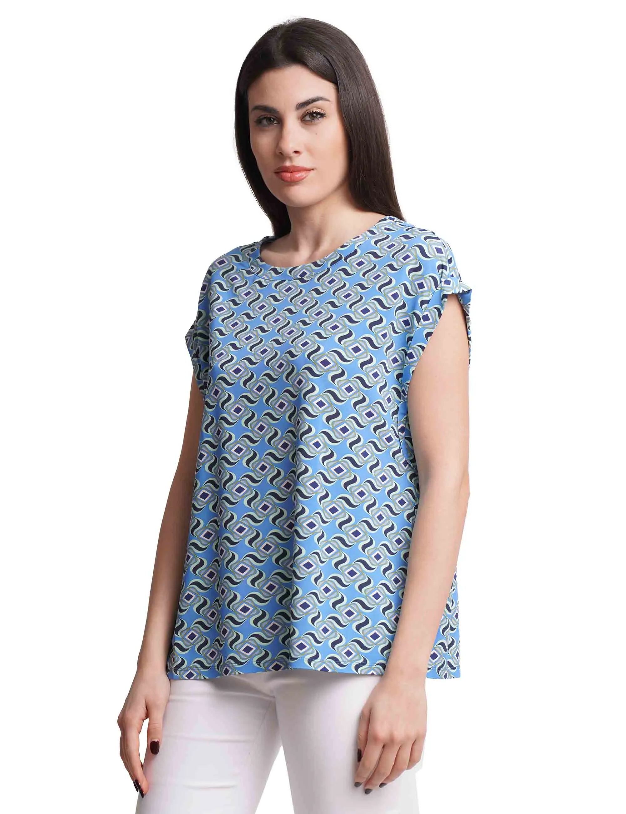 T-shirt donna Swirl Print in jersey azzurro a fantasia con manica ad aletta