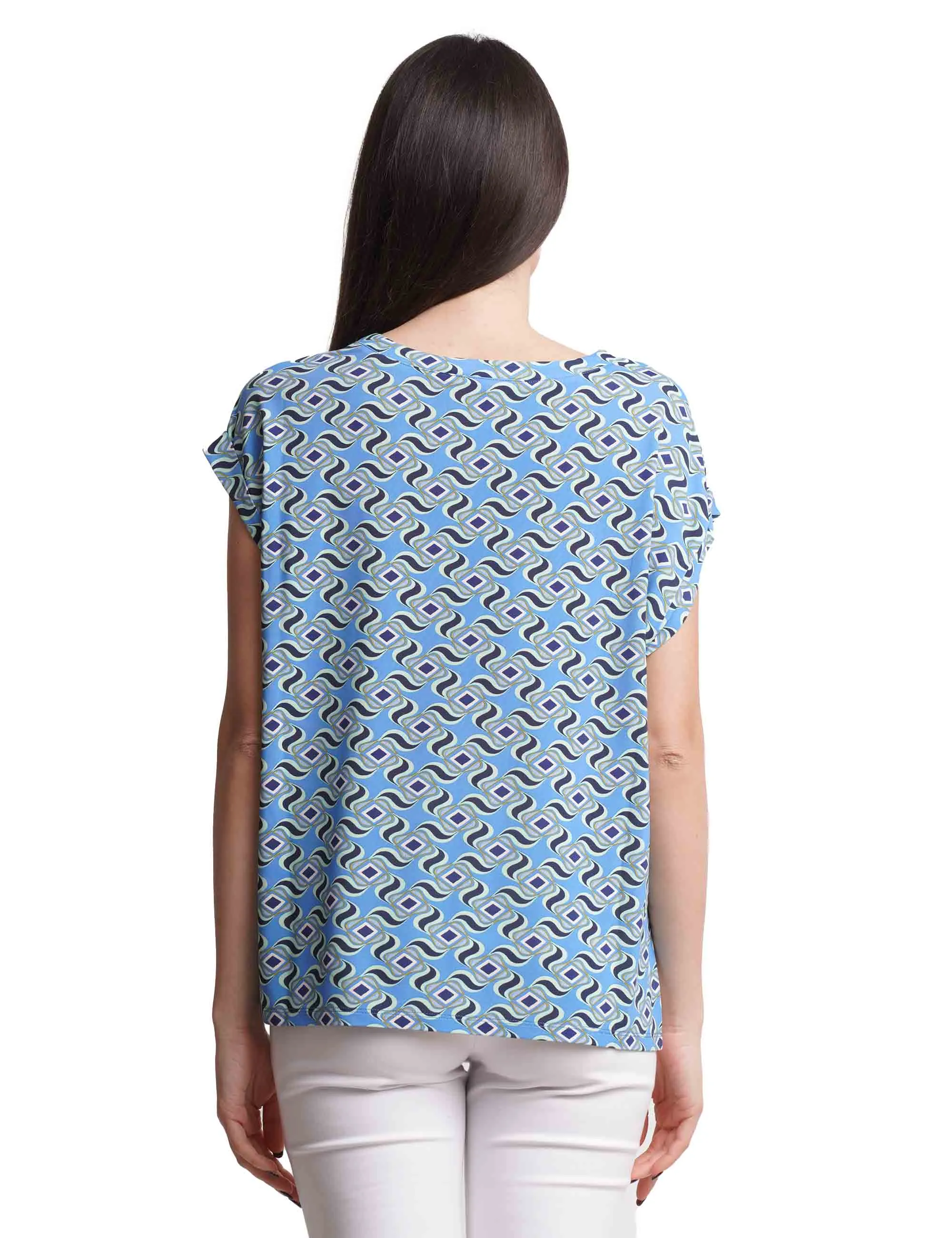 T-shirt donna Swirl Print in jersey azzurro a fantasia con manica ad aletta