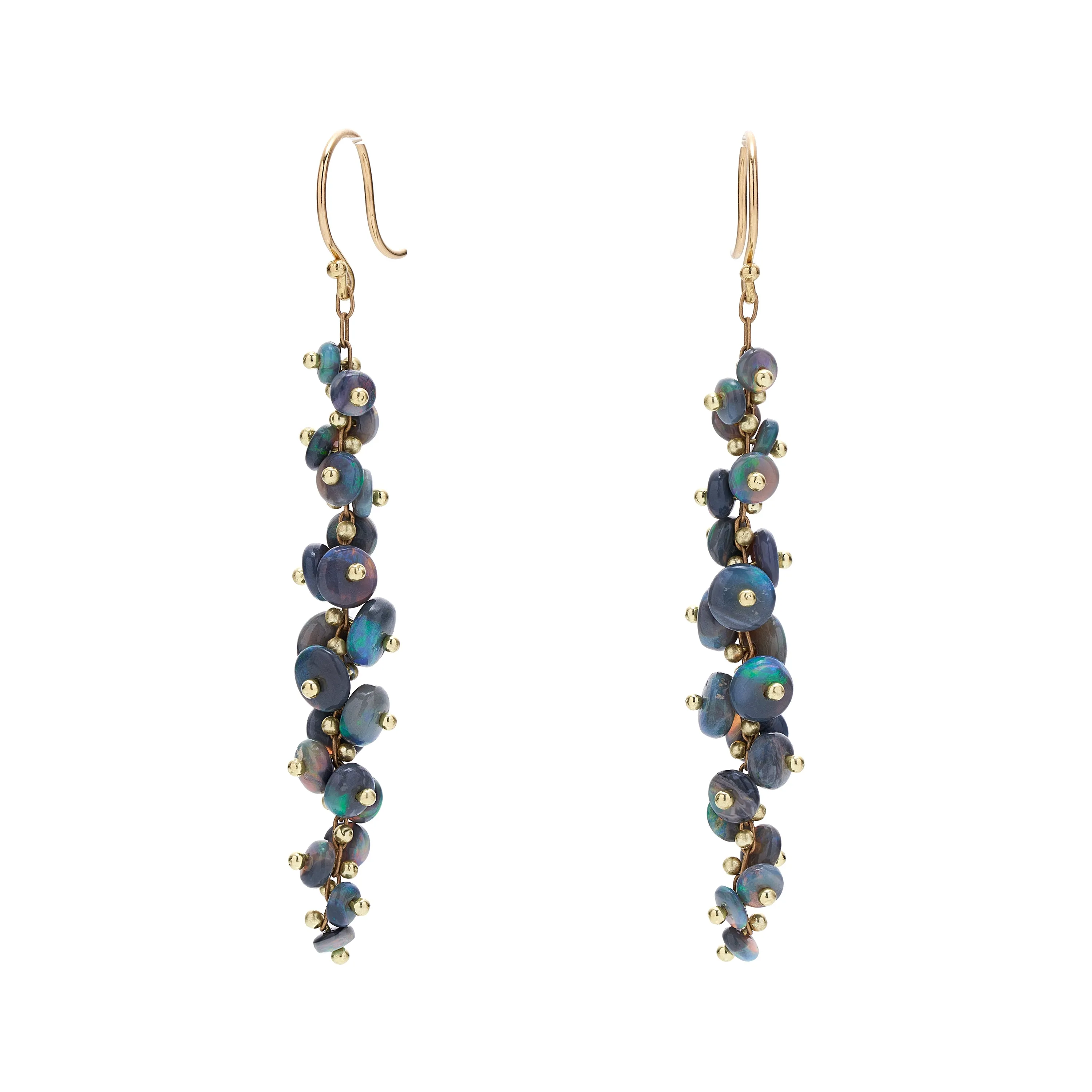 TenThousandThings 18k Beaded Long Spiral Black Opal Earrings