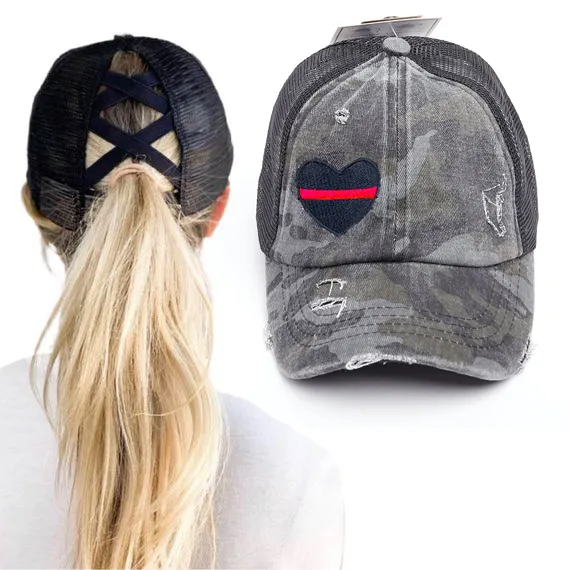 Thin Red Line Heart Washed Denim Criss Cross High Pony Ball Cap