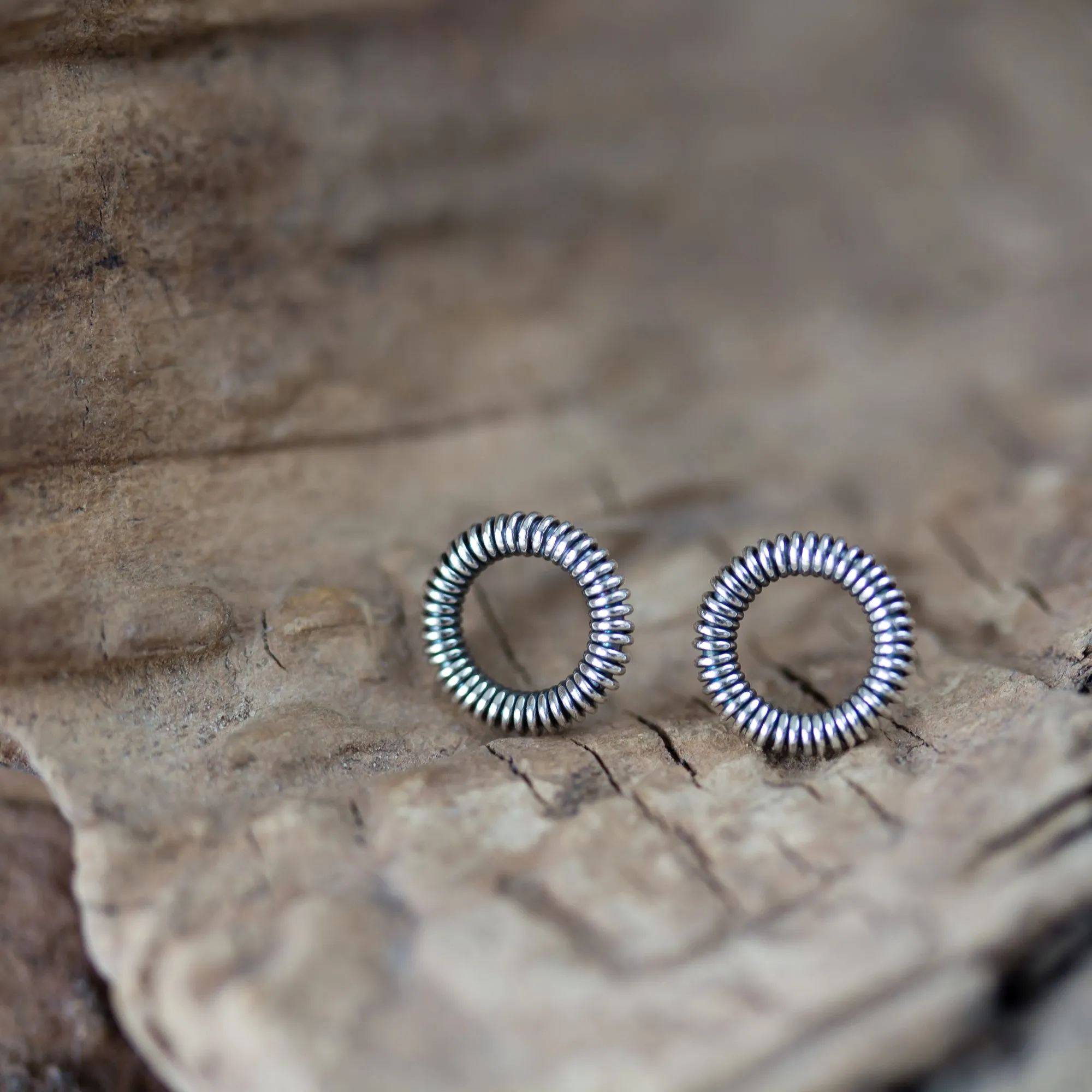 Tiny Wire Wrapped Circle Coil Studs, Sterling Silver