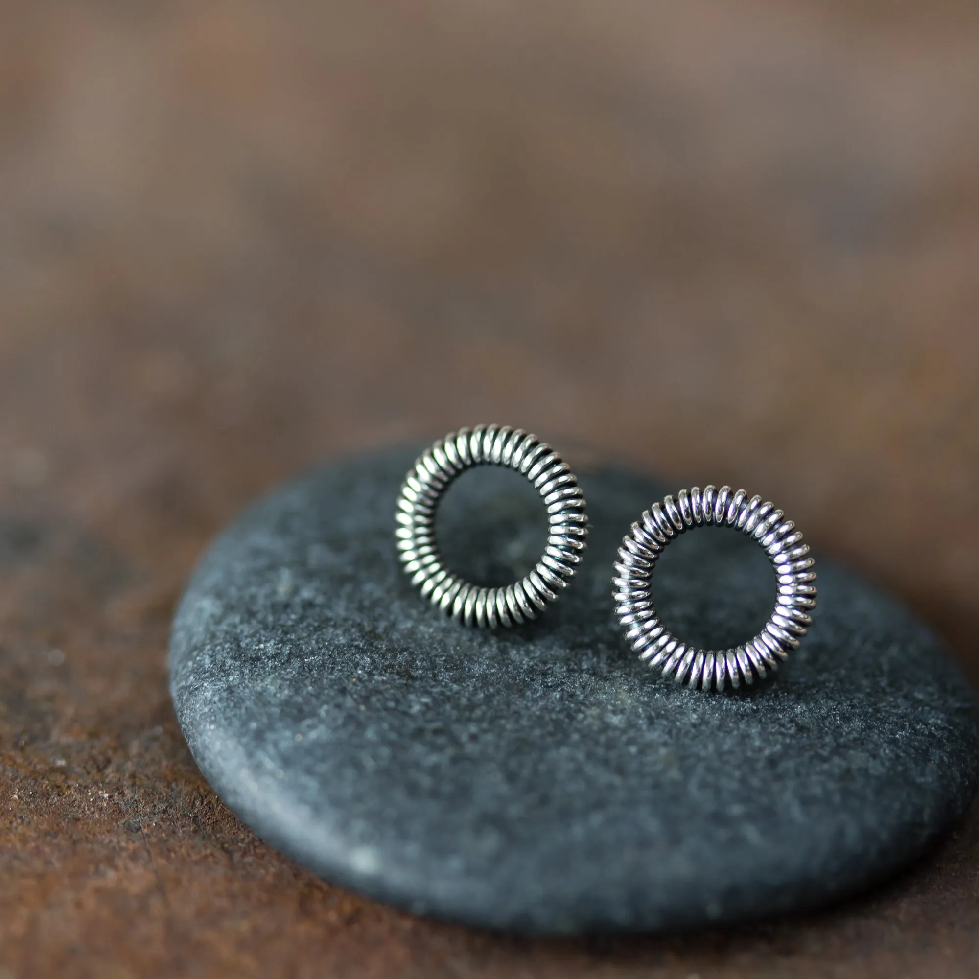 Tiny Wire Wrapped Circle Coil Studs, Sterling Silver