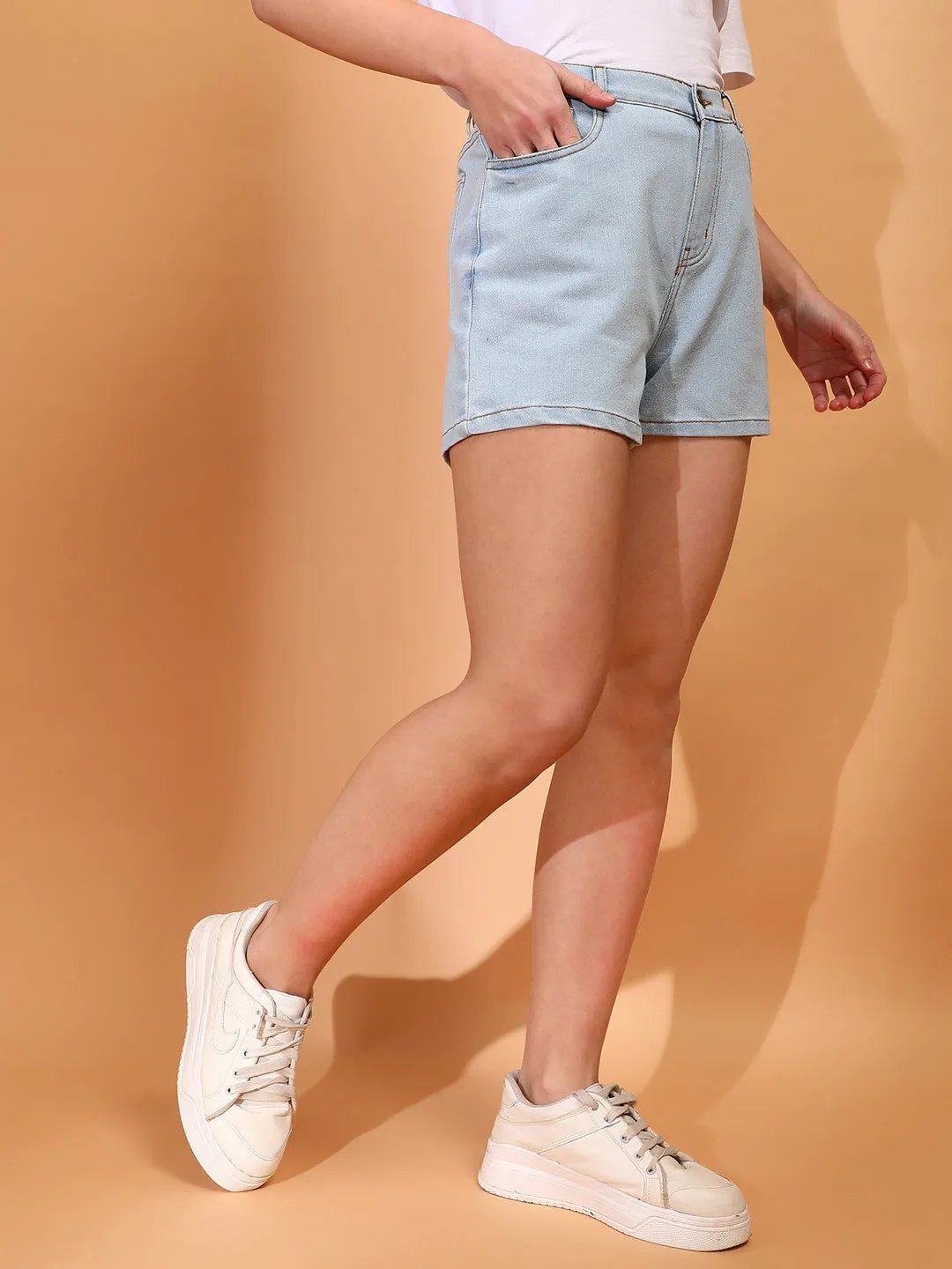 Women Denim Solid Light Blue Shorts