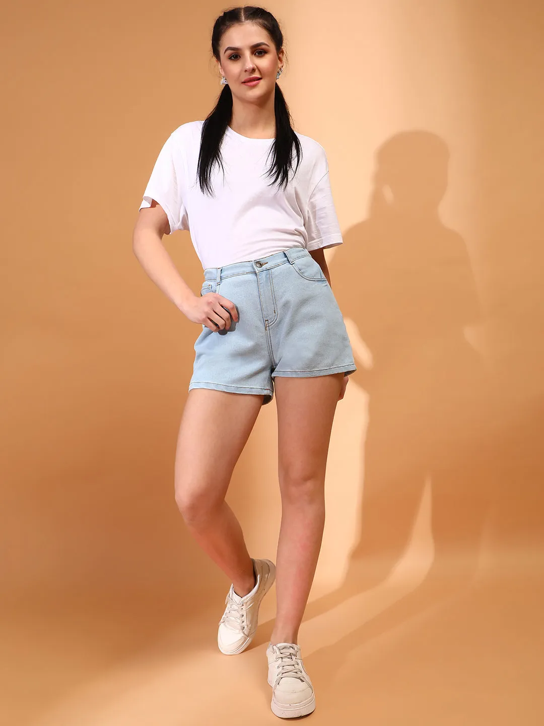 Women Denim Solid Light Blue Shorts