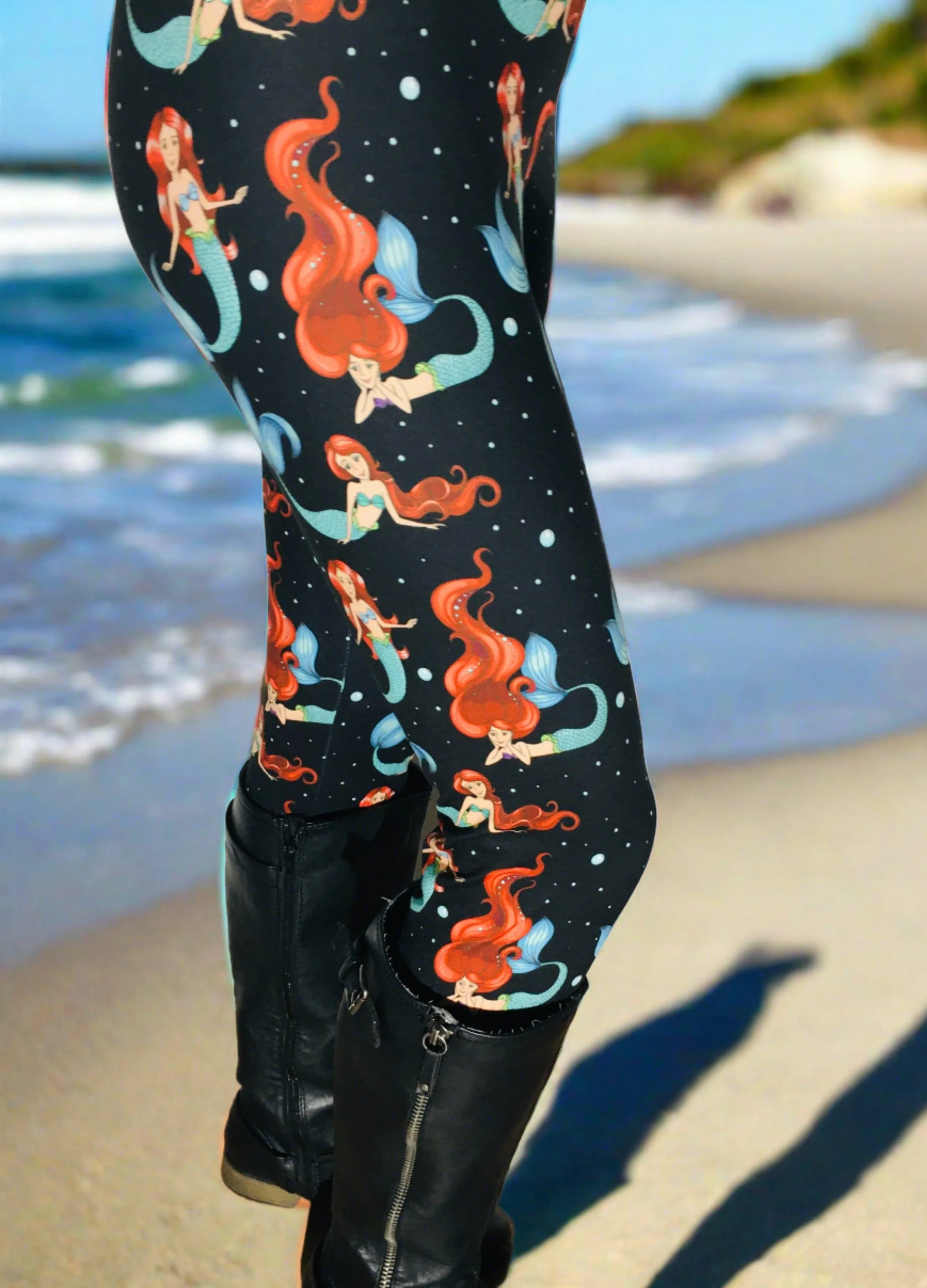 Womens Mermaid Leggings, Soft Yoga Pants, Sizes 0/20, Yoga Waist, Black/Multi, Exclusive Leggings