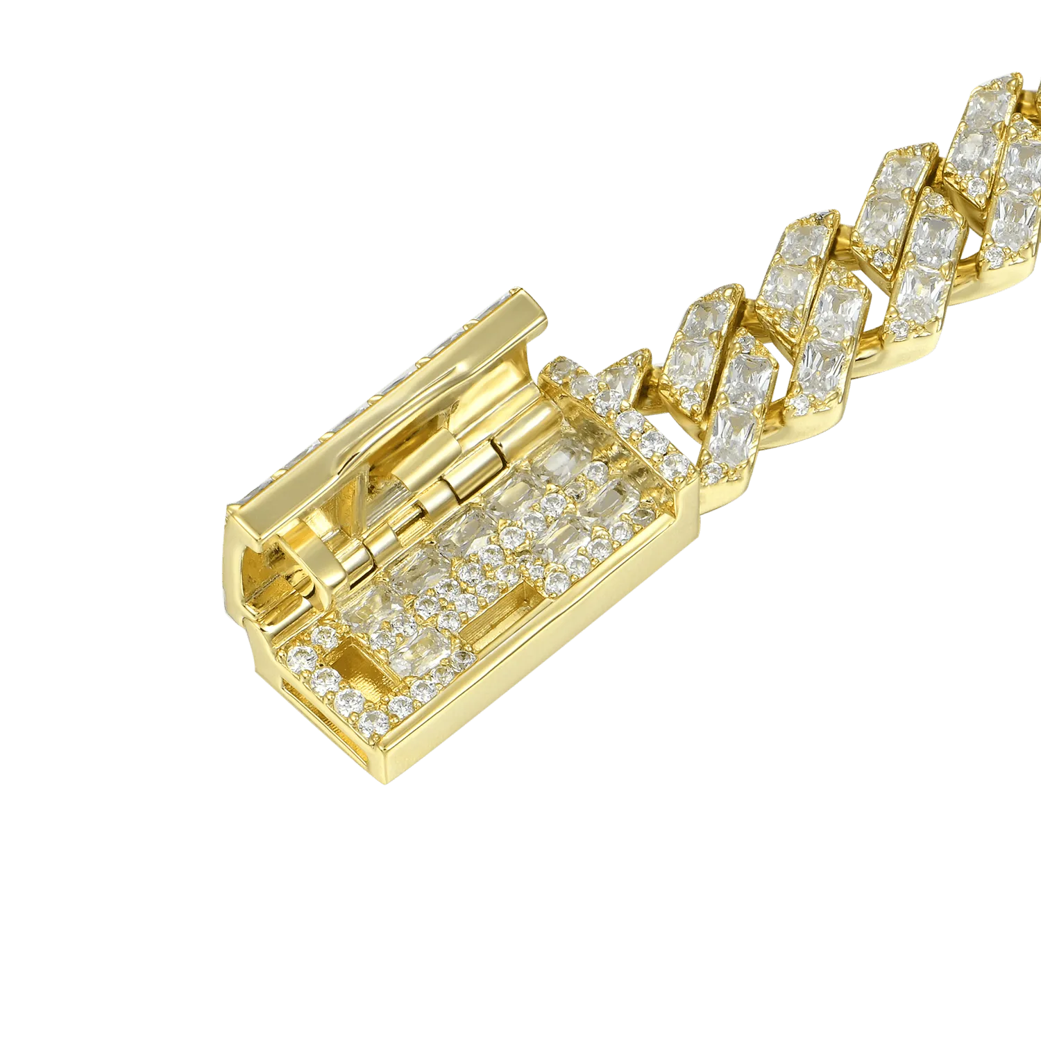 Yellow Gold Emerald Cut Prong Cuban Link Bracelet - 10mm