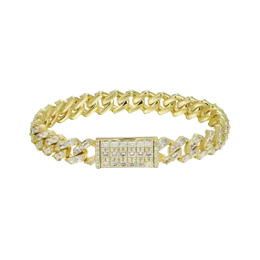 Yellow Gold Emerald Cut Prong Cuban Link Bracelet - 10mm