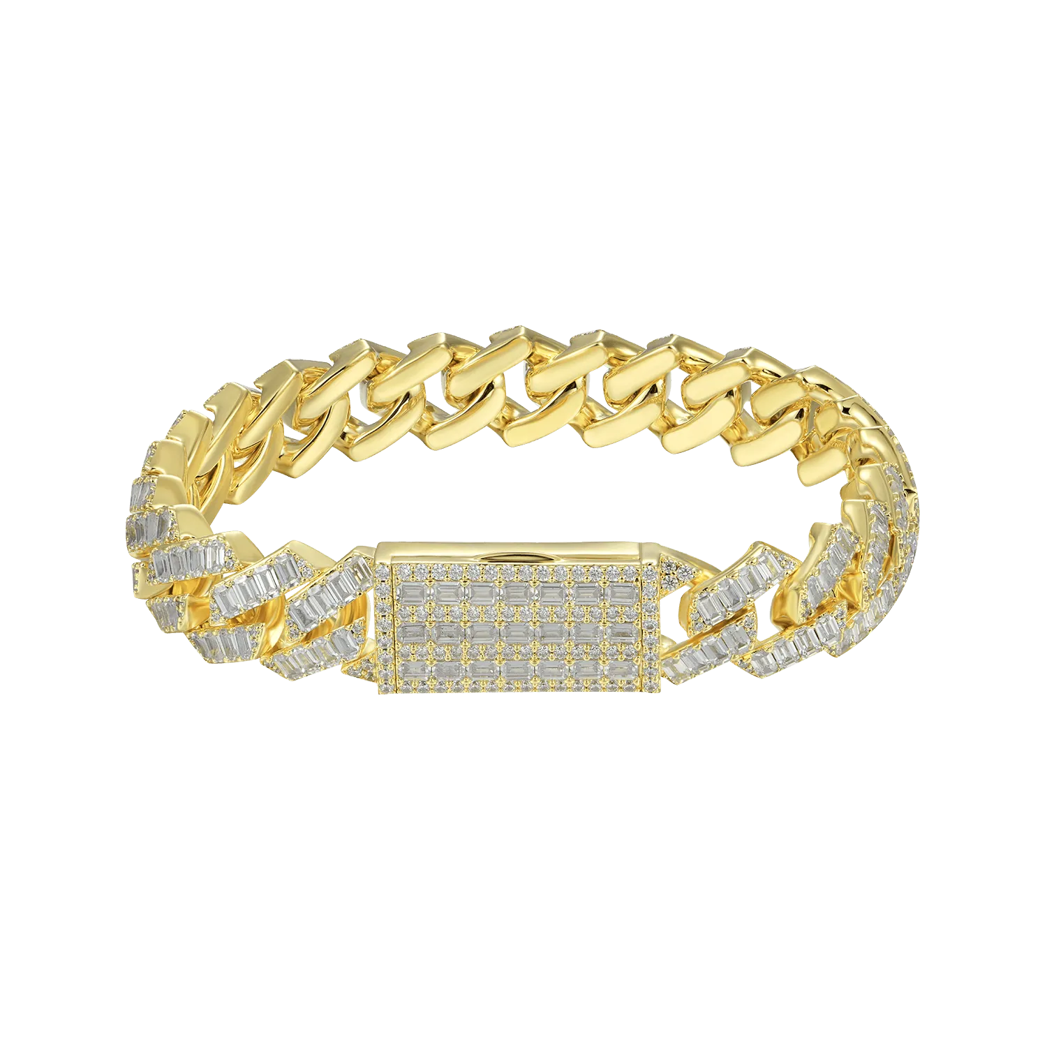 Yellow Gold Emerald Cut Prong Cuban Link Bracelet - 10mm